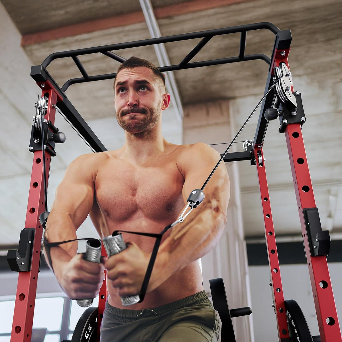 Power Cage Home Gym Package with Cable Crossover System | 1200LBS Power Rack, Weight Bench, Olympic Barbell & 230LBS Bumper Plates — All-In-One Home Gym