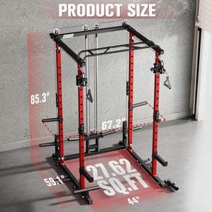 Power Cage Home Gym Package with Cable Crossover System | 1200LBS Power Rack, Weight Bench, Olympic Barbell & 230LBS Bumper Plates — All-In-One Home Gym
