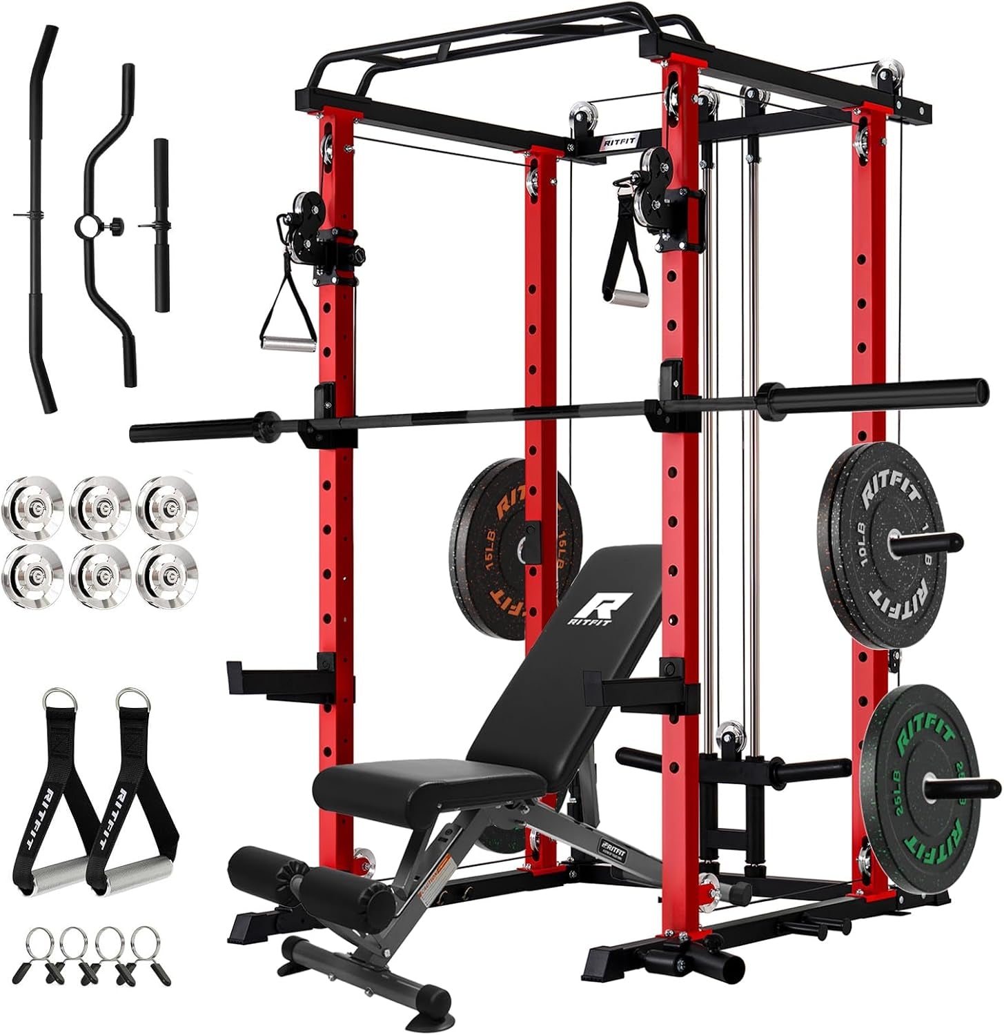 Power Cage Home Gym Package with Cable Crossover System | 1200LBS Power Rack, Weight Bench, Olympic Barbell & 230LBS Bumper Plates — All-In-One Home Gym