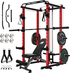 Power Cage Home Gym Package with Cable Crossover System | 1200LBS Power Rack, Weight Bench, Olympic Barbell & 230LBS Bumper Plates — All-In-One Home Gym