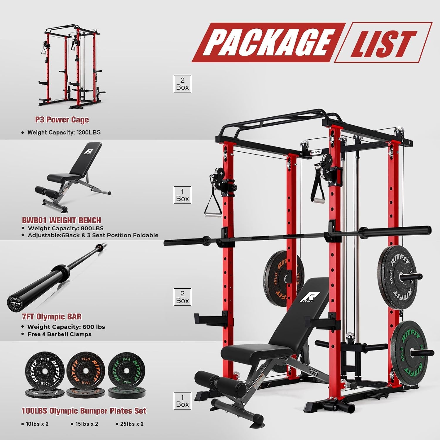 Power Cage Home Gym Package with Cable Crossover System | 1200LBS Power Rack, Weight Bench, Olympic Barbell & 230LBS Bumper Plates — All-In-One Home Gym