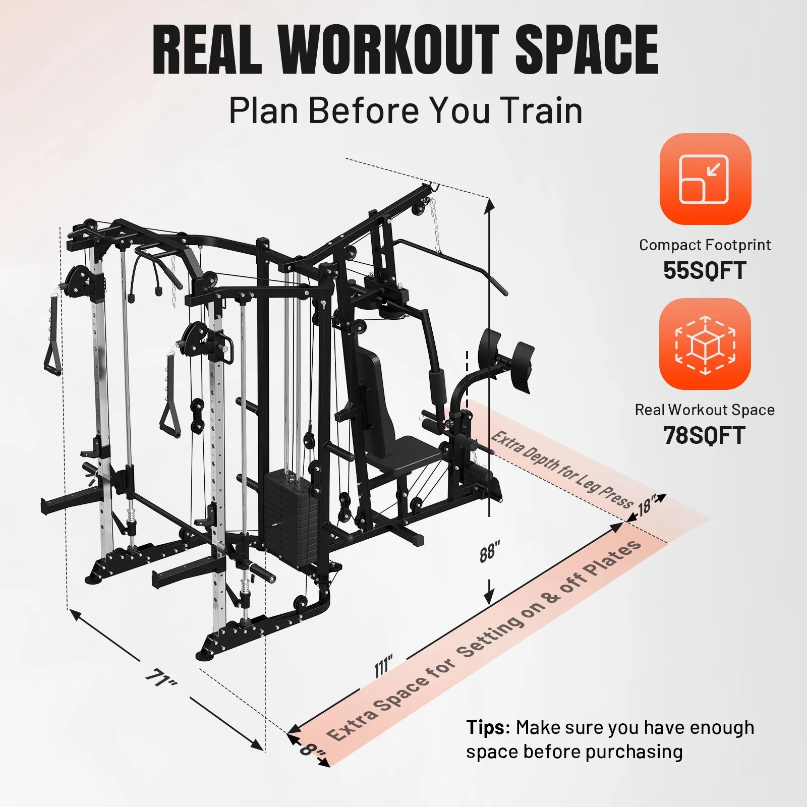 Smith Machine Power Cage, Multi-Function Home Gym System with Cable Crossover, 121LB Weight Stack