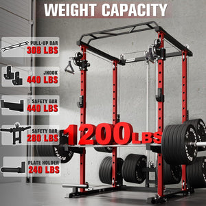 Power Cage Home Gym Package with Cable Crossover System | 1200LBS Power Rack, Weight Bench, Olympic Barbell & 230LBS Bumper Plates — All-In-One Home Gym