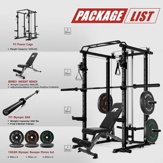 Power Cage Home Gym Package with Cable Crossover System | 1200LBS Power Rack, Weight Bench, Olympic Barbell & 230LBS Bumper Plates — All-In-One Home Gym