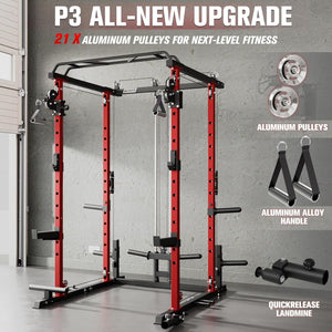 Power Cage Home Gym Package with Cable Crossover System | 1200LBS Power Rack, Weight Bench, Olympic Barbell & 230LBS Bumper Plates — All-In-One Home Gym