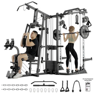 Smith Machine Power Cage, Multi-Function Home Gym System with Cable Crossover, 121LB Weight Stack